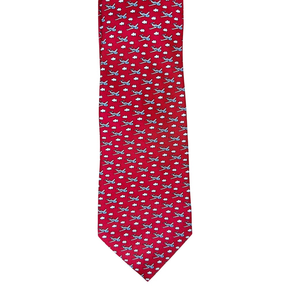 Vineyard Vines Mens Red Airplane Cloud Silk Necktie Aviation Pilot Print Tie